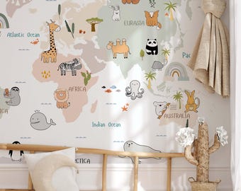 Baby Animals World Map Wallpaper, Kids Room Decor, Peel and Stick Nursery Wall Mural