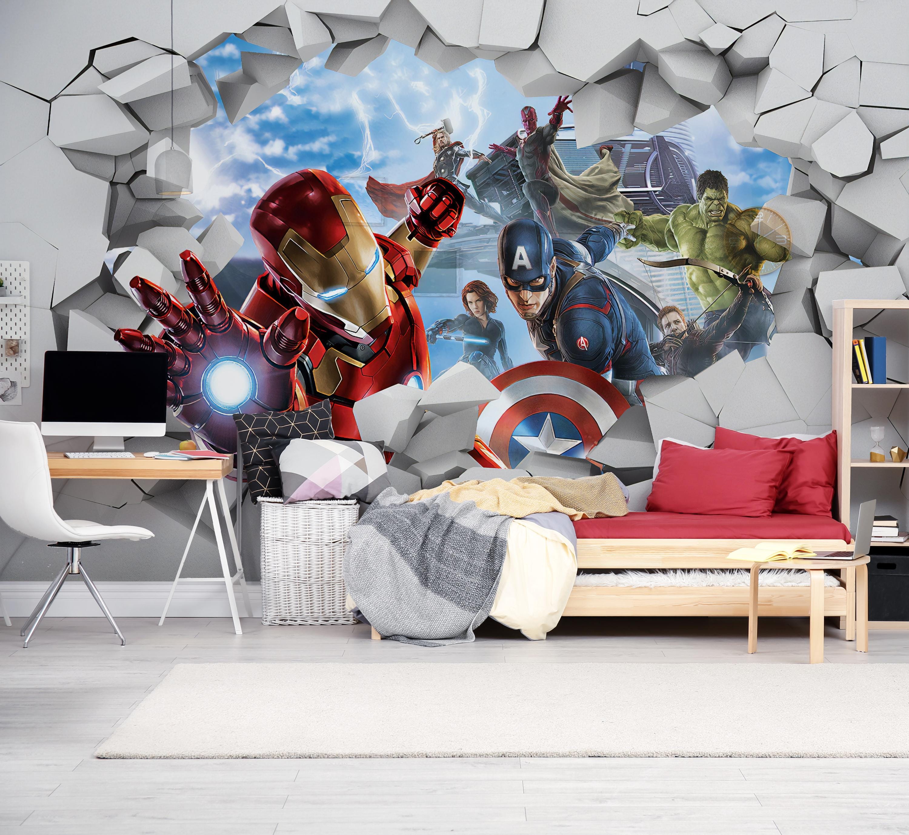 Avengers Kids Room Wallpaper – Peel and Stick Marvel Mural | Removable Superhero Wall Art Featuring Spiderman, Iron Man & More