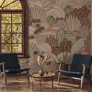 Carta da parati con motivo floreale di cactus, carta da parati vintage con motivo floreale staccabile e attaccabile, arte murale botanica rimovibile per l'arredamento della casa, carta da parati floreale beige