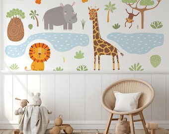 Peel-and-Stick-behang Safaridieren, muurschildering jungle kinderkamer, dierenbehang kinderen