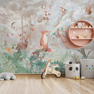 Carta da parati colorata con animali della foresta - Carta da parati adesiva per cameretta dei bambini, Carta da parati rimovibile per cameretta dei bambini, Adesivo murale con animali del bosco