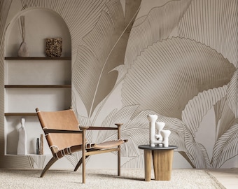 Neutral Botanical Leaf Mural – Minimal Line Art Wallpaper