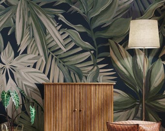 Tropical Trees Wallpaper Green Leaves Peel and Stick Botanic Leaf Wall ...