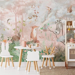 Carta da parati con animali della foresta rosa, carta da parati adesiva per cameretta dei bambini, carta da parati rimovibile per bambini, carta da parati per bambini, carta da parati con tema boschivo per cameretta dei bambini