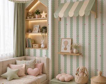 Sage Green Scallop Wallpaper with Pink Hearts, Peel and Stick Girls Nursery Wallpaper, Pastel Kids Room Decor, Retro Stripe Wall Mural