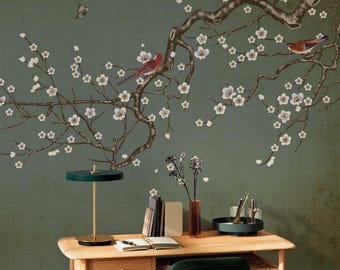 Papel pintado chinoiserie verde – Mural autoadhesivo de flores blancas