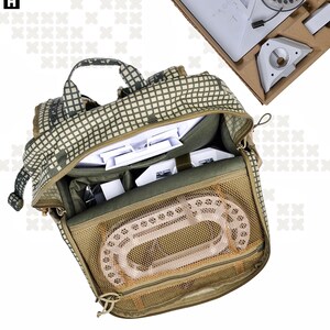 May include: A camouflage-patterned backpack with the text "BEHEMOTH STARLINK MINI PACK" and "WTF" displayed. The backpack is open, revealing a Starlink kit with a white satellite dish, cables, and other components. The kit is in a cardboard box.
