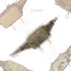 May include: A central, camouflage-patterned bum bag is the focal point, with a blurred, transparent effect. Several other bum bags in various camouflage and patterned designs are scattered around. The text "WTF" is visible in the upper right corner.