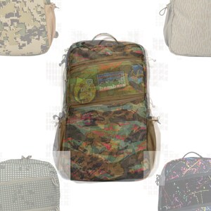 May include: A camouflage-patterned backpack with multiple zippered compartments and a top handle. The backpack features patches with text and graphics. The color palette includes greens, browns, and hints of pink and orange.