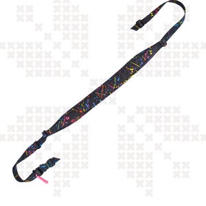 May include: A black strap with a colorful splatter paint design. The strap has adjustable black plastic buckles and a pink pull tab. The words "HYDRA", "WTF", and "SPLATTER" are printed on the image.