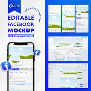 Professionellt och aktuellt Facebook-mockuppaket för Canva – mobil och dator
