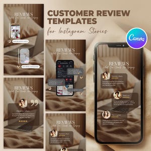 Peut inclure: Un ensemble de modèles d'histoires Instagram pour mettre en valeur les avis clients. Les modèles présentent un fond brun clair avec une bordure blanche et le texte "AVIS Ce que nos clients disent". Chaque modèle comprend une citation de client, une note d'étoiles et le nom du client.
