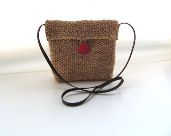 Red  button Sweet HipBag-- Cotton-  light Brown offwhite--Chrsitmas gift--under 35 USD