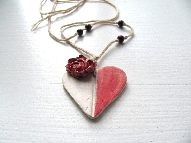 Valentine's Day Ceramic Necklace My Red White HeaRt jewelry. image 4
