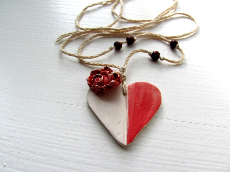 Valentine's Day Ceramic Necklace My Red White HeaRt jewelry. image 1