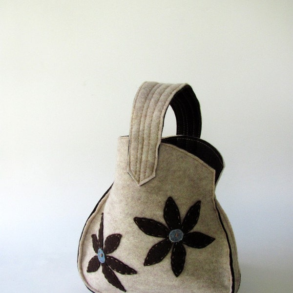 Sweet  Hand Bag--Brown    Flower  - Light blue Point--Felt flower-High Fashion-Gift for women  Valentine's Day