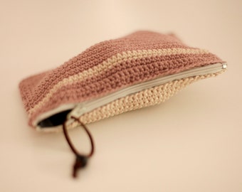 Clutch- Cotton Off White-Light brown -stripes -Gift-Handmade-Modern -  zipper Valentine day gift