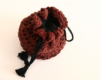 Valentine's Day Tote- Beautiful Brown -Cotton.- Brown -black lining  knit with one needle--ready to ship------Gift under 40 USD