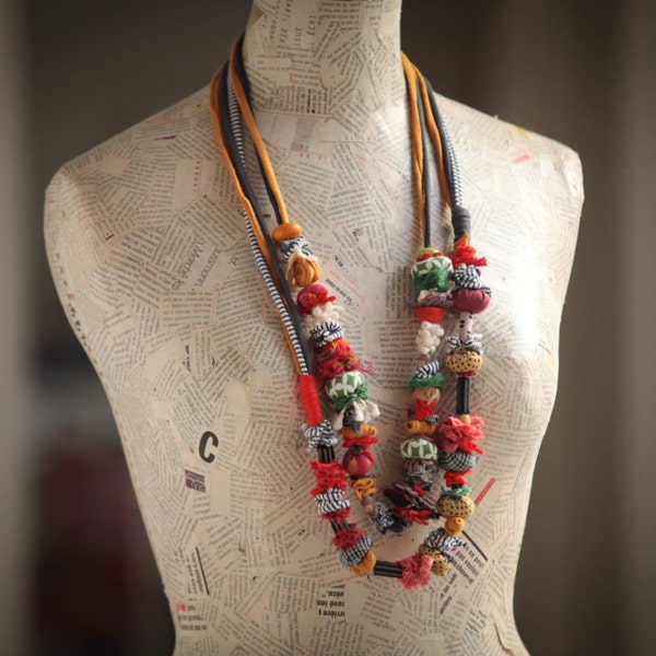 Textile jewelry-Fiber jewelry--Unique colorful necklace--Recycled tricot -Handmade- art necklace---amazing gift