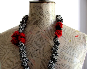 Textile jewelry-Fiber jewelry--Unique colorful necklace--Recycled tricot -Handmade- art necklace-red-Black and White---Gift under 40 USD