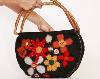 HandBag---Flower Felt -------- 100 percent Felt. .--- black felt handbag---flower embroider--vintage  handles