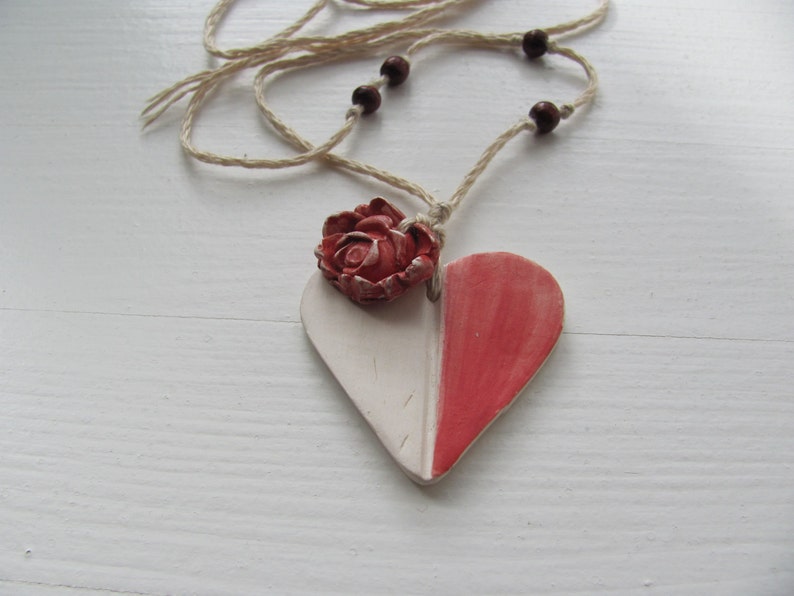 Valentine's Day Ceramic Necklace My Red White HeaRt jewelry. image 5