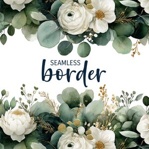 Esmeralda y salvia, borde floral sin costuras de acuarela, clipart de invitación de boda romántica PNG, patrón de flores blancas y verdes, elemento botánico