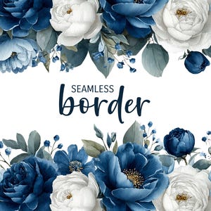 Stoffig blauw en marineblauw, aquarel naadloze bloemenrand, romantische huwelijksuitnodiging clipart png, marineblauw bloemenpatroon, botanische tegel