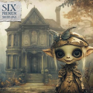 Calle Grimwood, clipart de muñeco duende, diario victoriano, páginas de Halloween, collage de casa abandonada, papel espeluznante y tierno, goblincore gótico