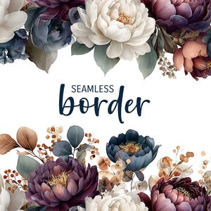 Op de afbeelding: Een aquarel bloemmotief met een naadloze rand van pioenrozen en andere bloemen in tinten wit, paars, blauw en perzik. De tekst "SEAMLESS border" is geschreven in een donkerblauw script.