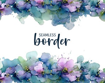 Teal and pink #2, watercolour seamless floral border, romantic invitation clipart PNG, loose flower pattern, botanical illustration tile
