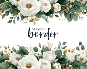White and gold, watercolour seamless floral border, romantic wedding invitation clipart PNG, white rose eucalyptus flower pattern, botanical