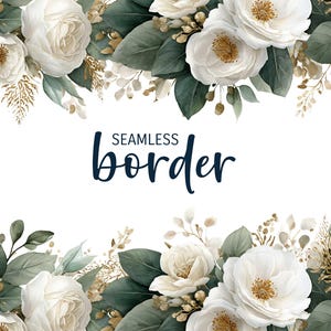 White and sage, watercolour seamless floral border, romantic wedding invitation clipart PNG, ivory green flower pattern, botanical tile