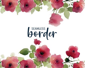 Wild ruby rose, watercolour seamless floral border, romantic invitation clipart PNG, soft red green rose pattern, modern botanical tile
