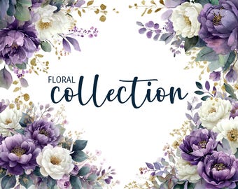Floral collection add on - coordinates with 'Purple and gold' seamless border, watercolour florals, romantic invitation clipart PNG