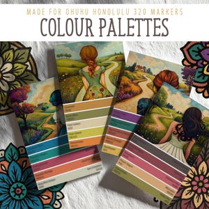 May include: Colour palettes for Ohuhu Honolulu 320 markers. The image shows several small paintings with colour swatches, featuring a woman walking on a path. Decorative floral designs in various colours surround the paintings. The text "COLOUR PALETTES" is at the top.