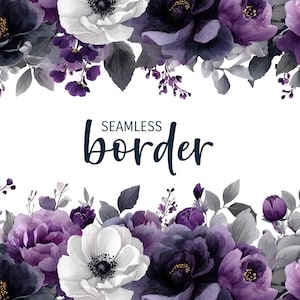 Kohle und Indigo, nahtloser Blumenrand des Aquarells, dramatische Hochzeitseinladung Clipart PNG, lila schwarzes Blumenmuster, botanische Fliese