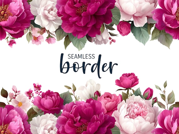 Magenta and blush #1, watercolour seamless floral border, vintage wedding invitation clipart PNG, romantic pink peony rose flower pattern