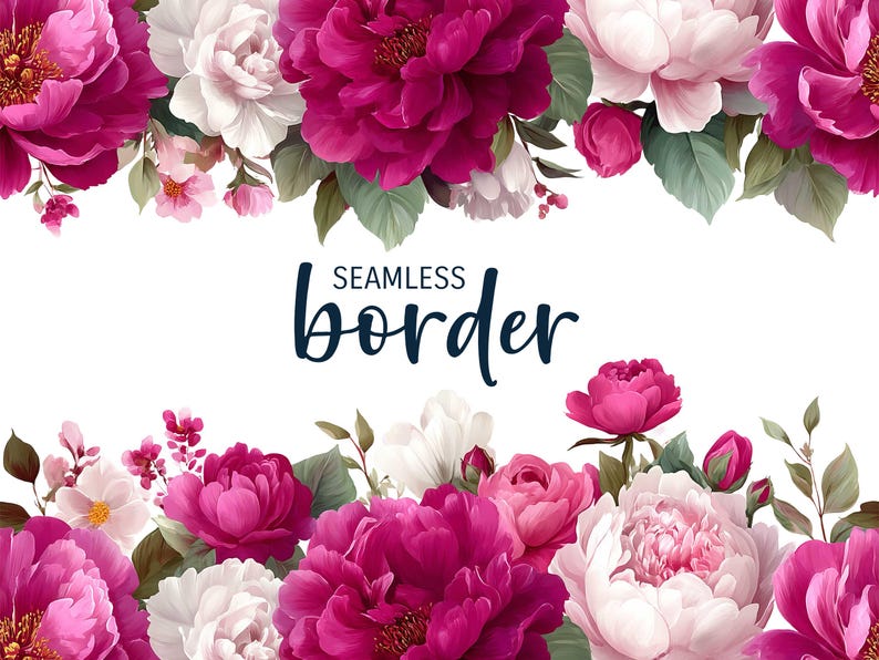May include: A floral border design with magenta and white peonies, buds, and leaves. The words "SEAMLESS border" are written in a dark blue script across the centre of the image. The flowers are arranged at the top and bottom.