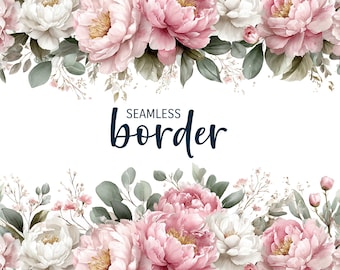 Baby rosa und salbei grau, nahtlose Blumenbordüre, klassische Hochzeitseinladung Clipart PNG, shabby chic Rosenmuster, botanische Fliese