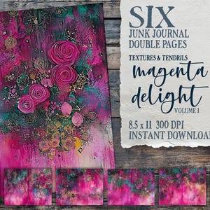 Magenta Delight Vol 1, mixed media bloemen ongewenste dagboekpagina's, verfinkt roze groen turkoois collage, digitale download, scrapbookingpapier