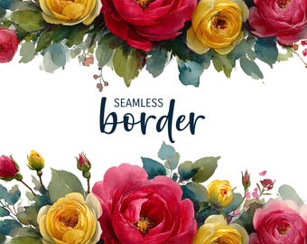 Borda floral sem emenda em aquarela vermelha e amarela, clipart de convite romântico PNG, padrão de flores de rosas vintage, ilustração botânica