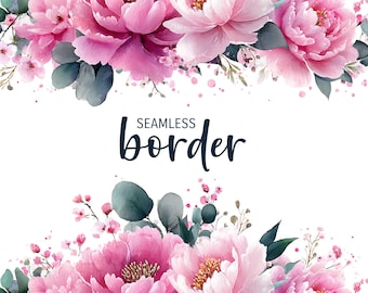 Rosa e ardósia, borda floral perfeita em aquarela, convite de casamento romântico clipart PNG, padrão de peônia em aquarela, ilustração botânica