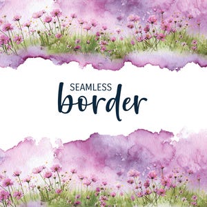 Pode incluir: Design de borda sem costura em aquarela com flores rosa e grama verde em um fundo de lavagens de aquarela roxas. O texto "SEAMLESS border" está em escrita azul escuro, ideal para vários projetos criativos.
