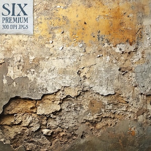 May include: A close-up of a weathered, cracked wall with patches of yellow paint. The wall is made of rough, uneven stone and concrete. The texture is rough and uneven.