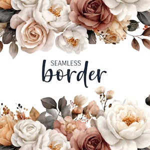 Pode incluir: Design de borda floral em aquarela com rosas brancas, creme e malva, com detalhes em folhagem marrom e verde. As palavras "SEAMLESS border" estão escritas em um script azul escuro no centro da imagem. As flores são dispostas na parte superior e inferior.