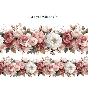 May include: A floral seamless repeat pattern with white, pink, and burgundy flowers and green and brown foliage. The text "SEAMLESS REPEATS" is at the top. The design is repeated in two rows.