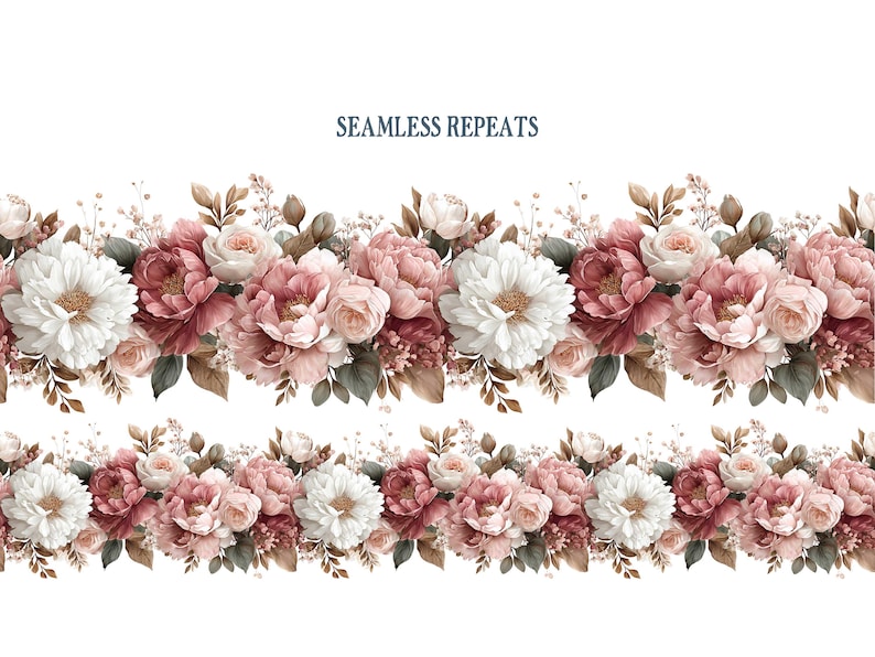 May include: A floral seamless repeat pattern with white, pink, and burgundy flowers and green and brown foliage. The text "SEAMLESS REPEATS" is at the top. The design is repeated in two rows.