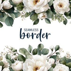 Antique white and eucalyptus, watercolour seamless floral border, romantic wedding invitation clipart PNG, vintage white roses peony pattern