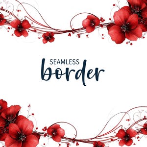 Nuevo rojo, borde floral sin costuras de acuarela, clipart PNG de invitación minimalista de San Valentín, patrón de flores art nouveau rojas, botánico